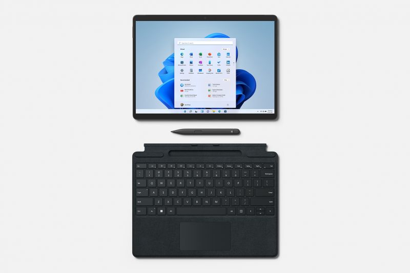 A Surface Pro 8 device, a Surface pen and a keyboard