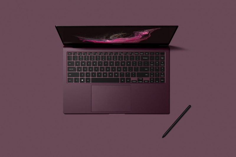 Samsung Galaxy Book2 Pro 360 in Burgundy with S Pen.