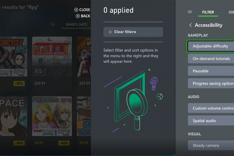 Filter capability highlighted in Xbox Store, with adjustable difficulty tag under GamePlay category in focus.  Zero tags applied.  
