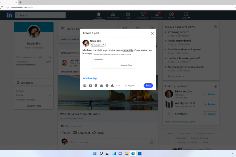 Someone using Editor in Microsoft Edge for a LinkedIn post