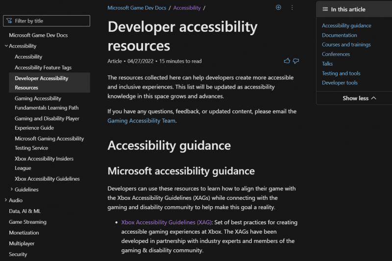 Gaming Developer Accessibility Resource Hub landing page shown in dark mode with accessibility guidance, documentation, courses and trainings, conferences, testing tools and developer tools 