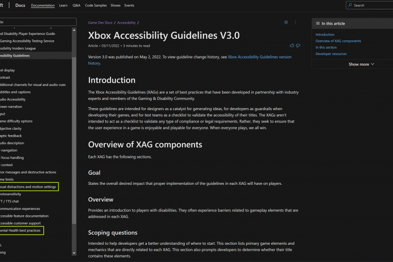 Xbox Accessibility Guidelines V3.0 landing page with introduction and overview of XAG components. Key updates of motion settings and Mental Health Best Practices highlighted with Green outline. 