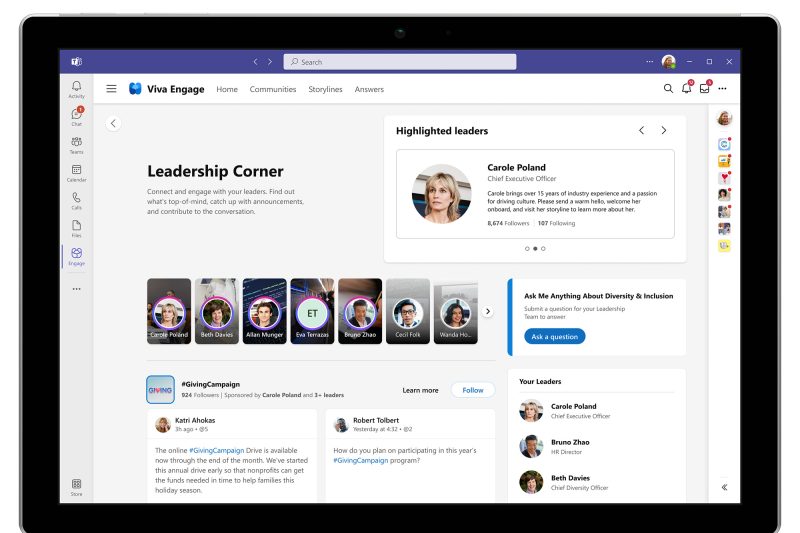 Teams window with Leadership Corner homepage on a tablet showing highlighted leaders, stories, campaigns, and Ask Me Anything