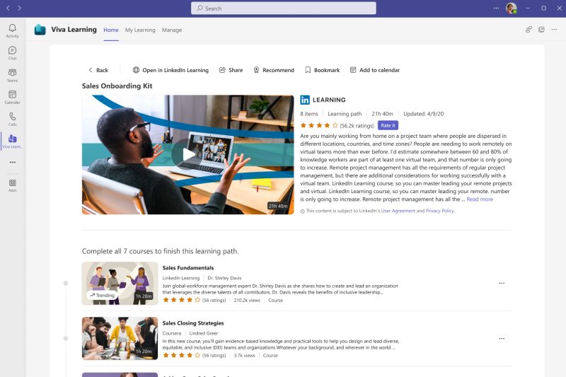 Teams window showing Viva Learning with learning paths from LinkedIn Learning Hub.