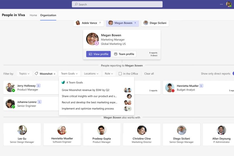 Teams window with People in Viva application showing organizational chart with team goals dropdown.