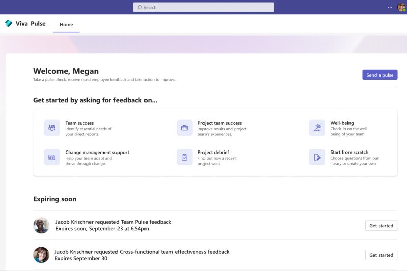 Teams window showing Viva Pulse homepage with suggested feedback surveys and expiring surveys.