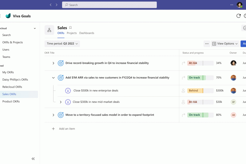 Teams window showing a user connecting an objective in Viva Goals to Power BI.