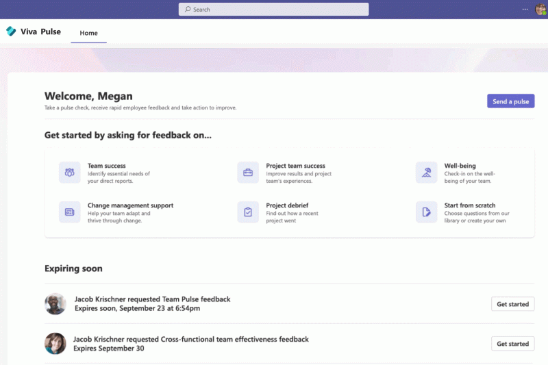 Teams window showing Viva Pulse user creating a new survey, adding recipients, and sending the survey.