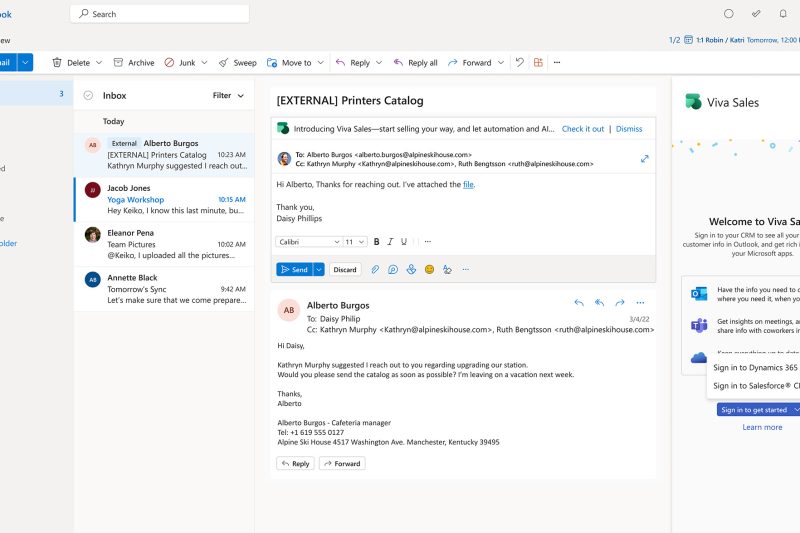 Outlook window with Viva Sales sidebar showing CRM log in options for Dynamics 365 Sales or Salesforce.