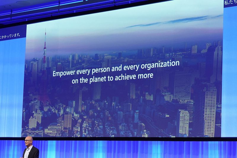 Microsoft Chairman and CEO Satya Nadella introducing Microsoft’s mission at Empowering Japan’s Future event.