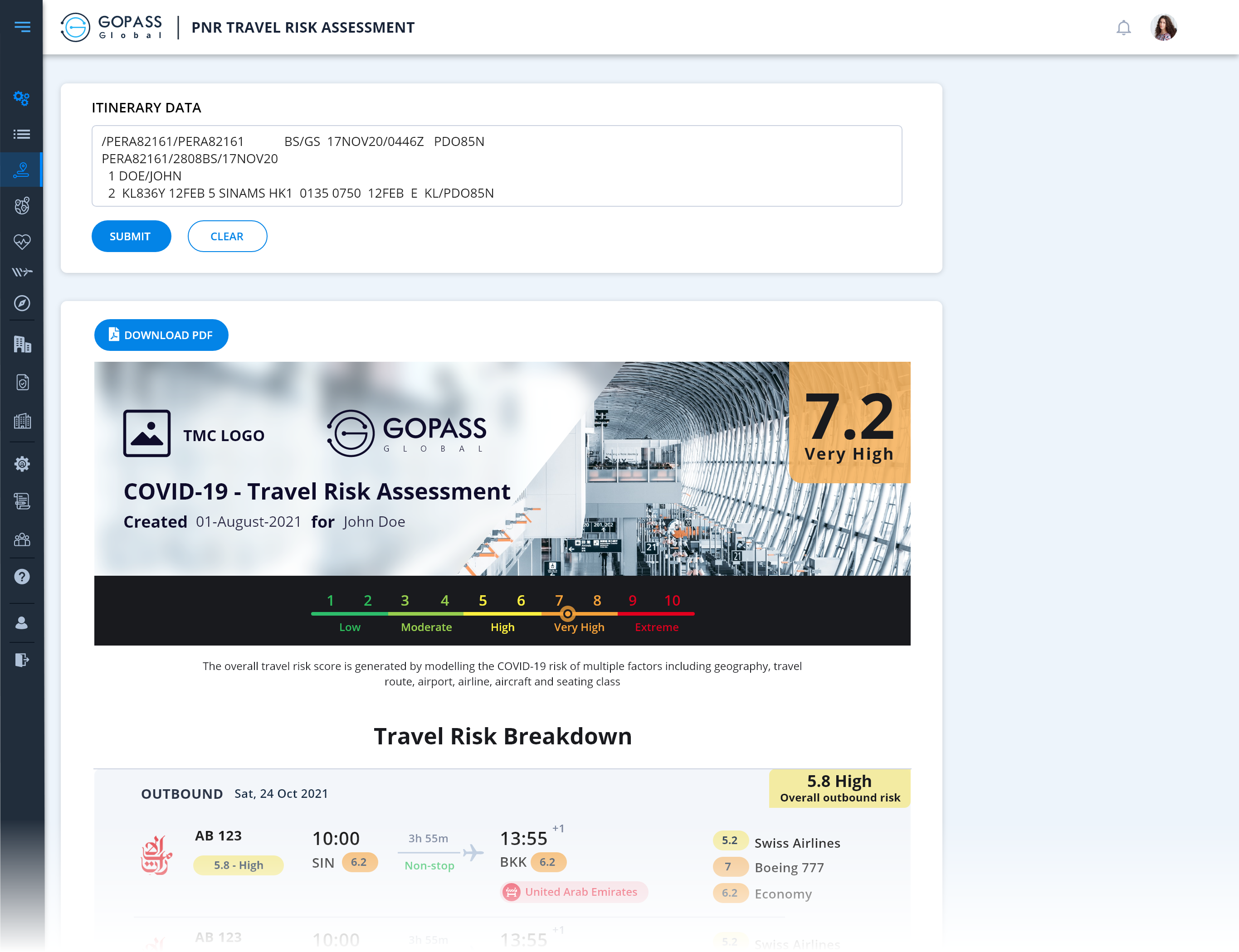 Graphical interface of GOPASS' Travel Risk Assessment platform