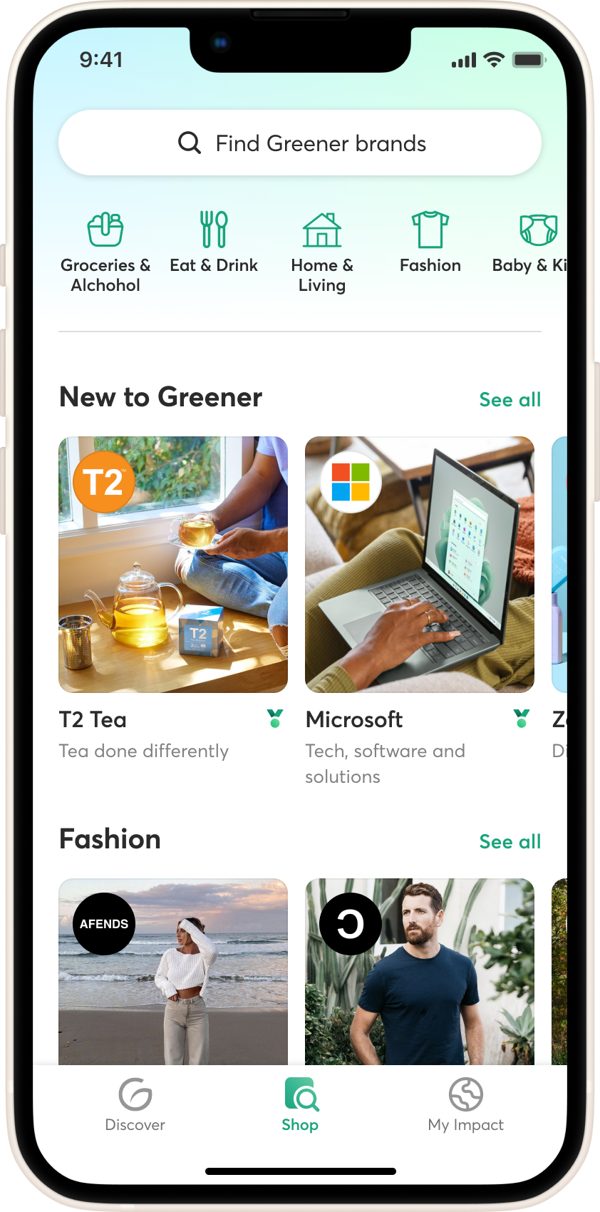 Graphical interface of the Greener app