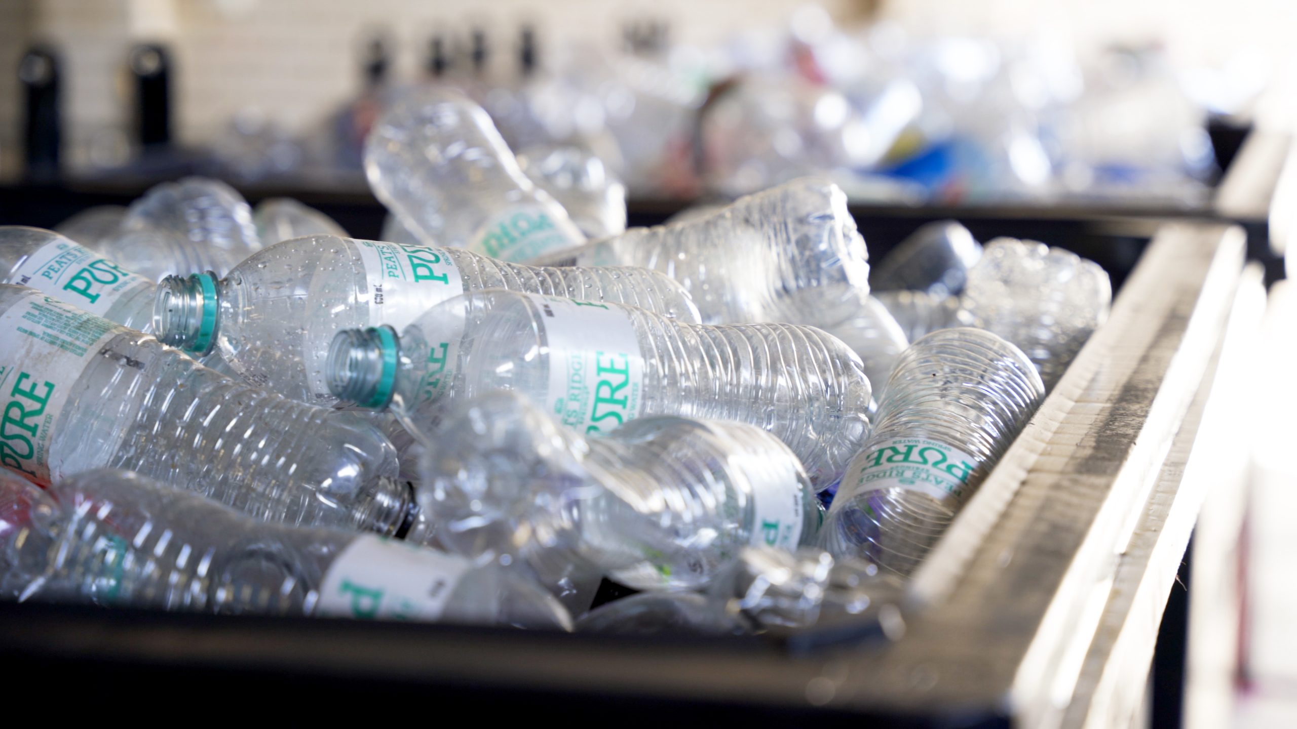 Stack of recycled plastic water bottles