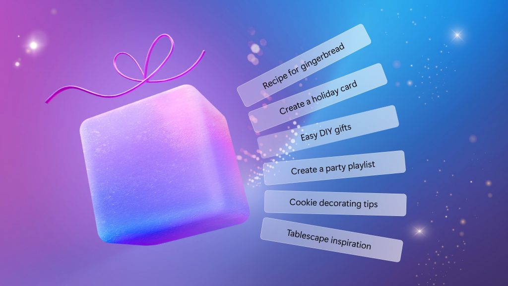 glowing, gradient-colored gift box with a purple ribbon floats against a blue and purple background. To the right of the gift box, there are six white rectangular labels with text: 'Recipe for gingerbread,' 'Create a holiday card,' 'Easy DIY gifts,' 'Create a party playlist,' 'Cookie decorating tips,' and 'Tablescape inspiration.' Sparkles and light effects surround the scene."