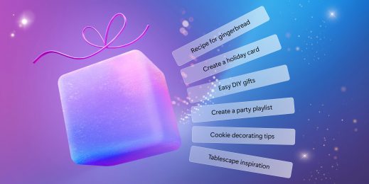 glowing, gradient-colored gift box with a purple ribbon floats against a blue and purple background. To the right of the gift box, there are six white rectangular labels with text: 'Recipe for gingerbread,' 'Create a holiday card,' 'Easy DIY gifts,' 'Create a party playlist,' 'Cookie decorating tips,' and 'Tablescape inspiration.' Sparkles and light effects surround the scene."