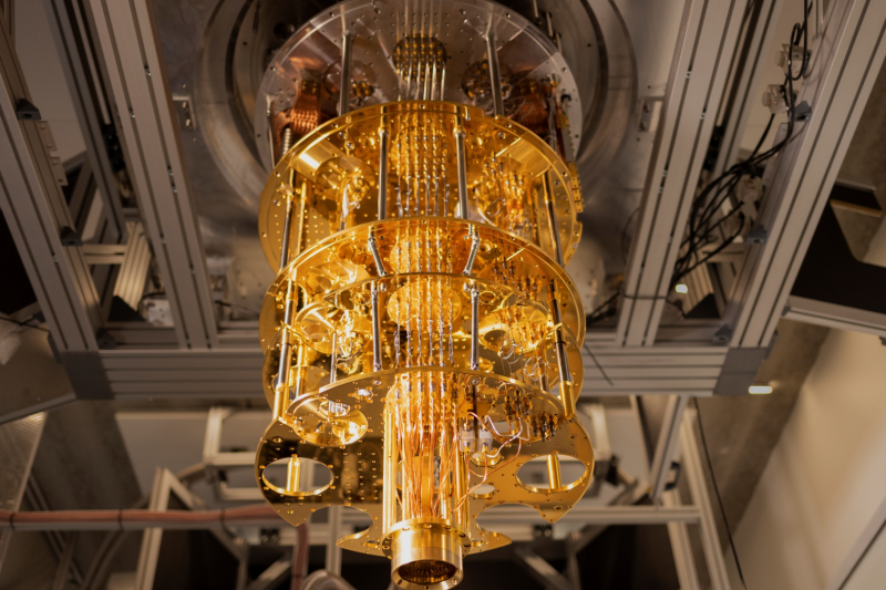 A view looking up at a quantum cryostat