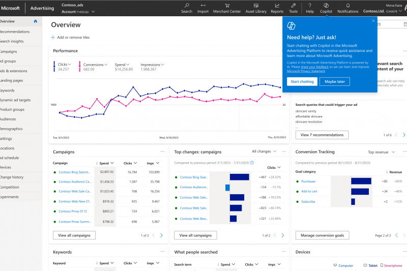 Screenshot of Copilot in the Microsoft Advertising platform