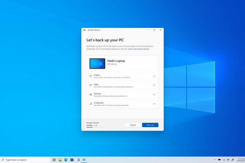 Windows Backup screen on a Windows 10 PC