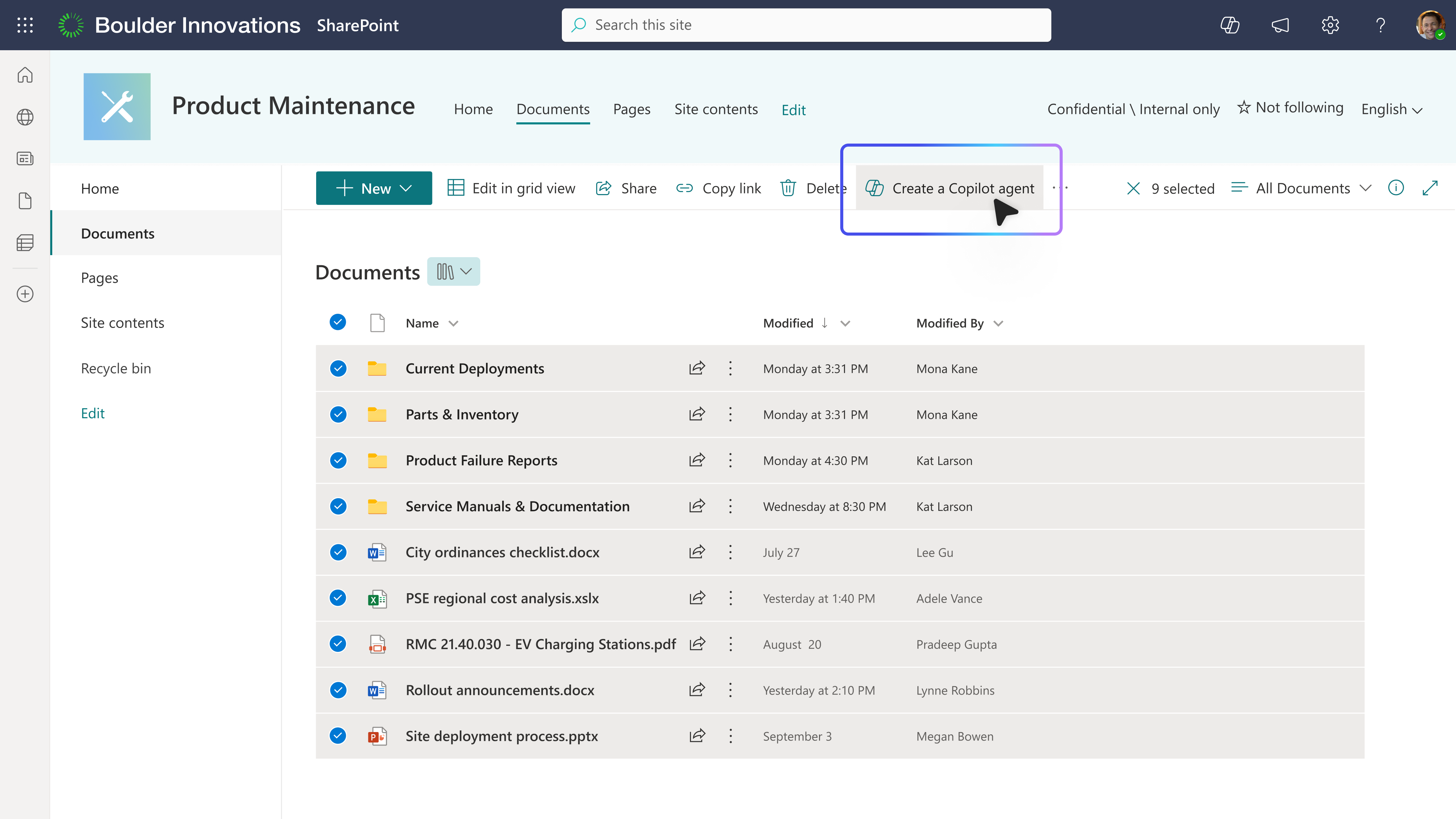 A computer screen shows the Create a Copilot agent button within SharePoint