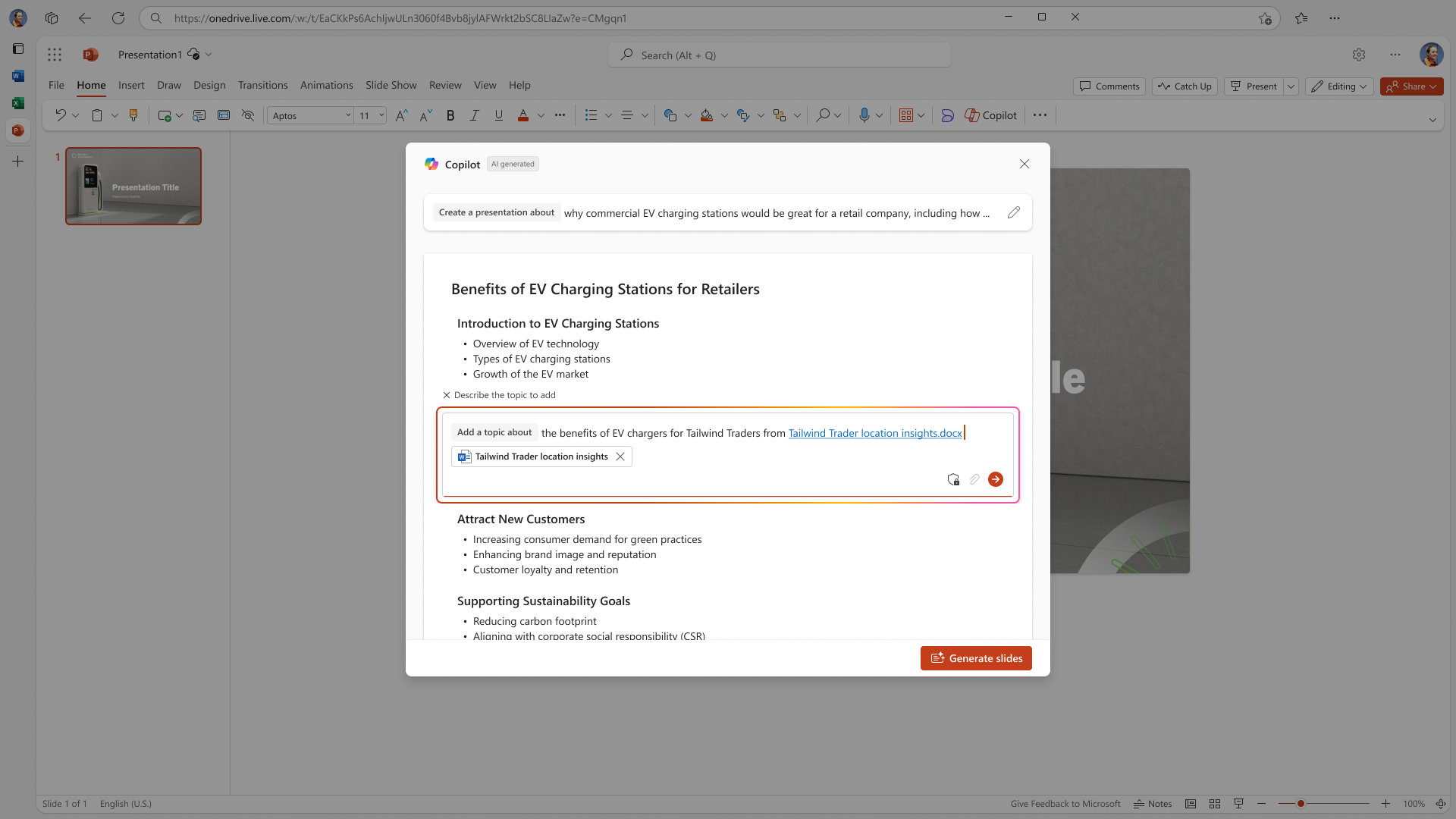 A computer screen shows a Copilot Narrative builder chat within PowerPoint