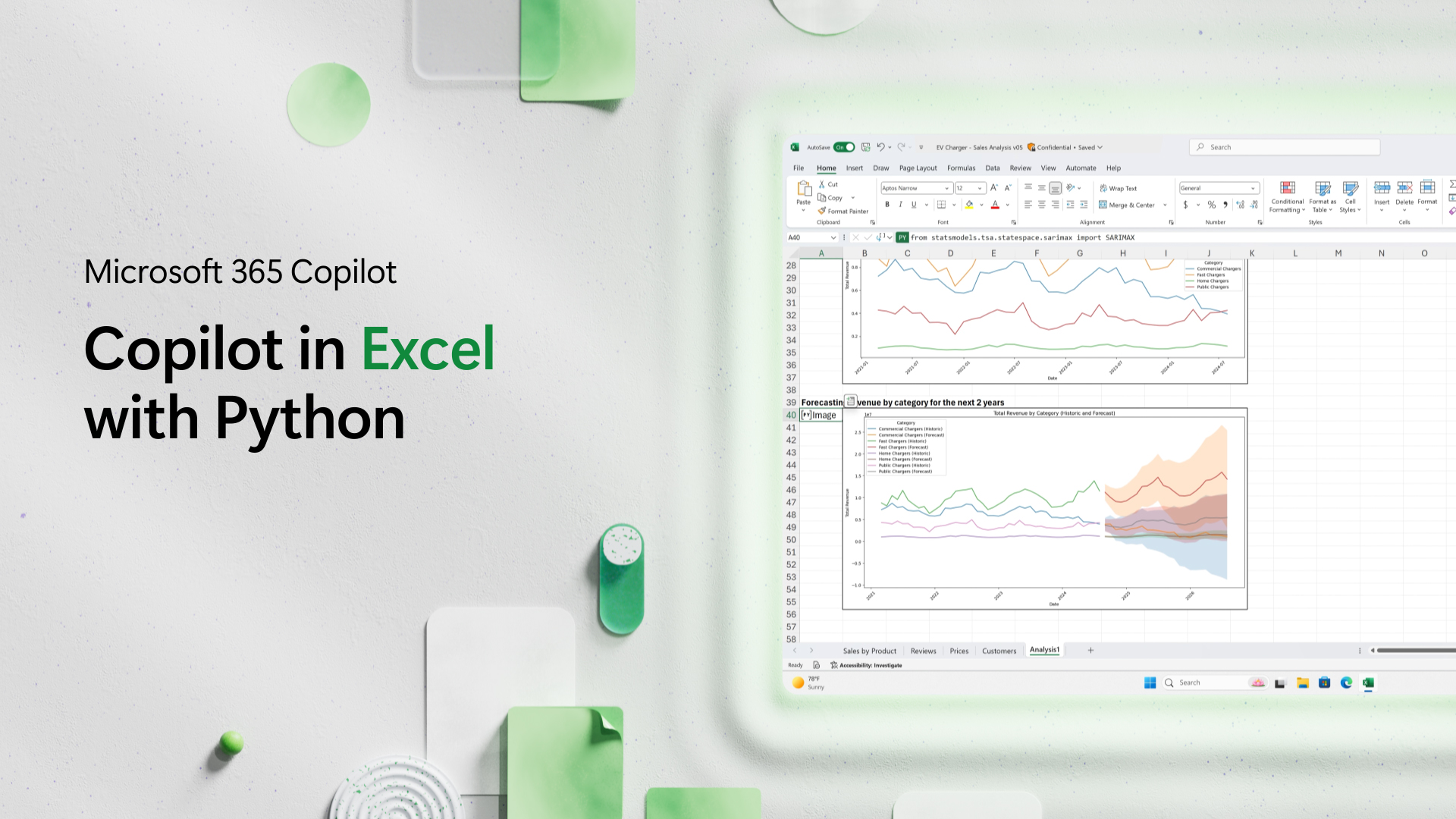 A computer screen shows a Copilot with Python analysis tab within Excel