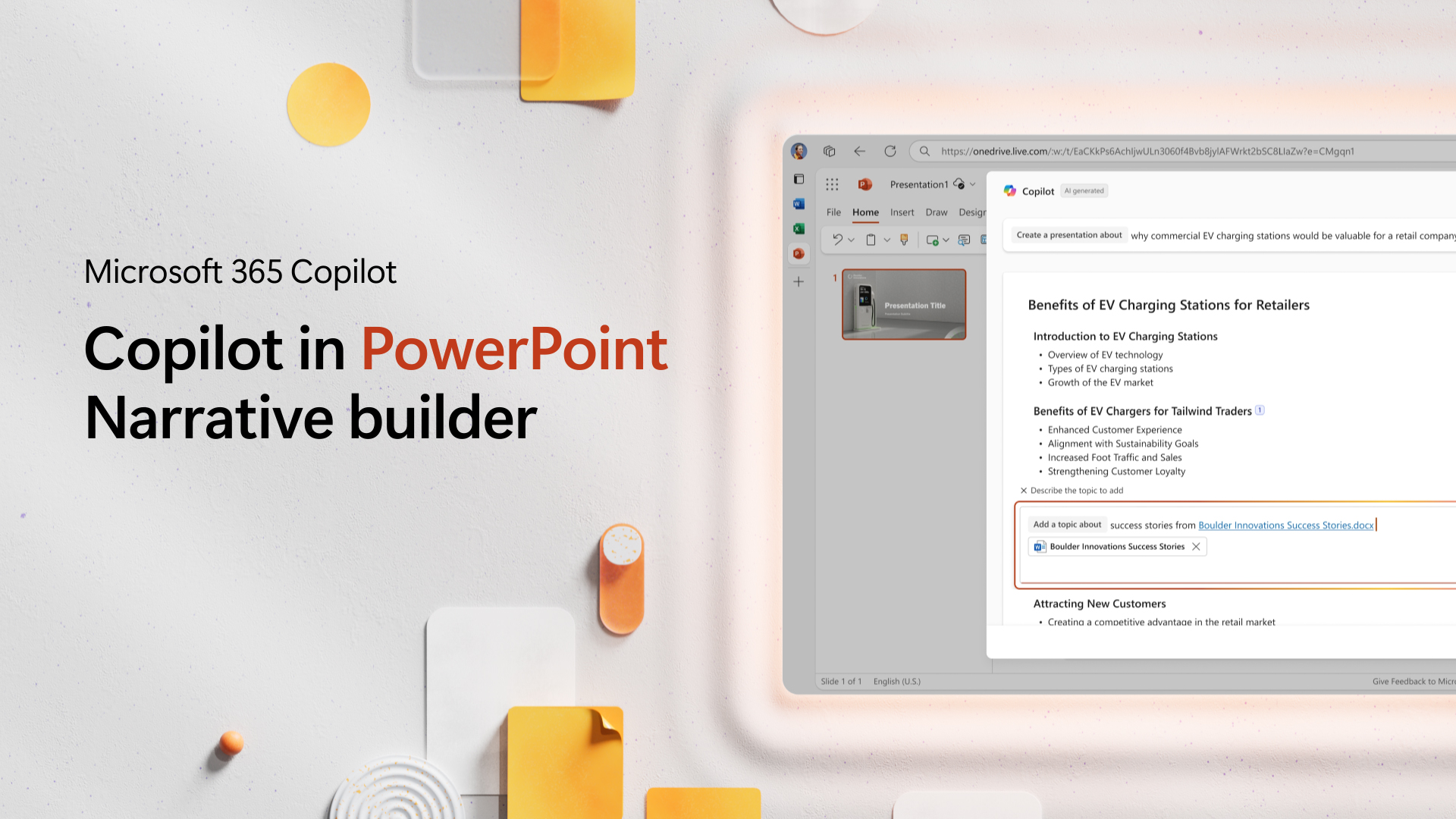 A computer screen shows a Copilot Narrative builder chat within PowerPoint