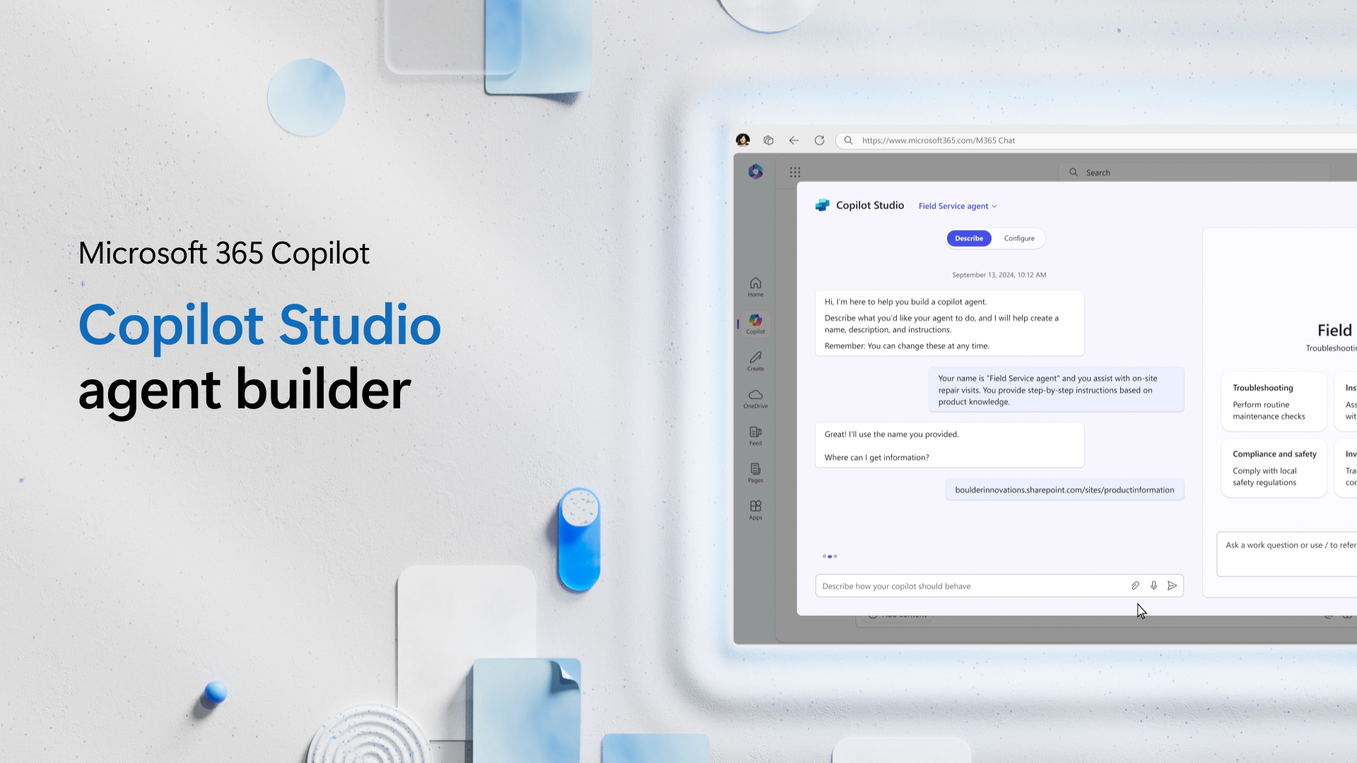 A computer screen shows a chat within Copilot Studio Agent Builder