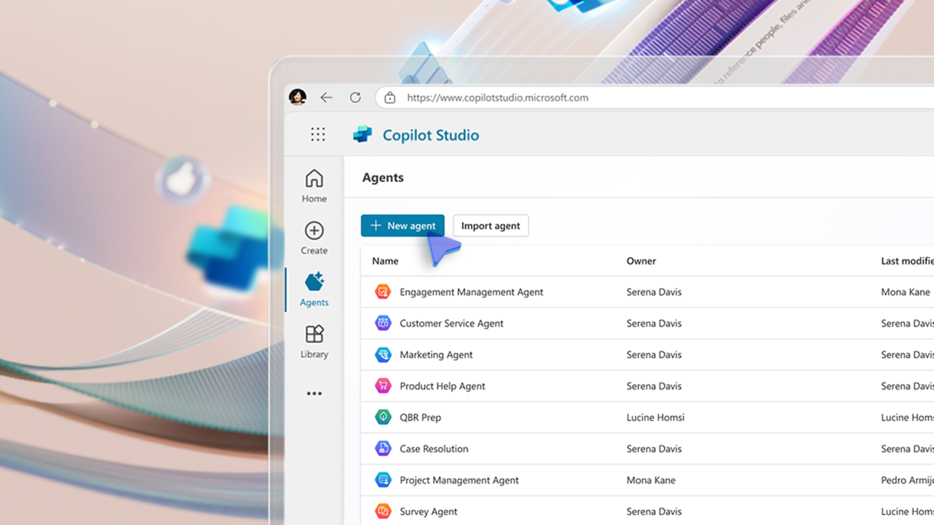 A computer screen showing the new agent feature in Copilot studio