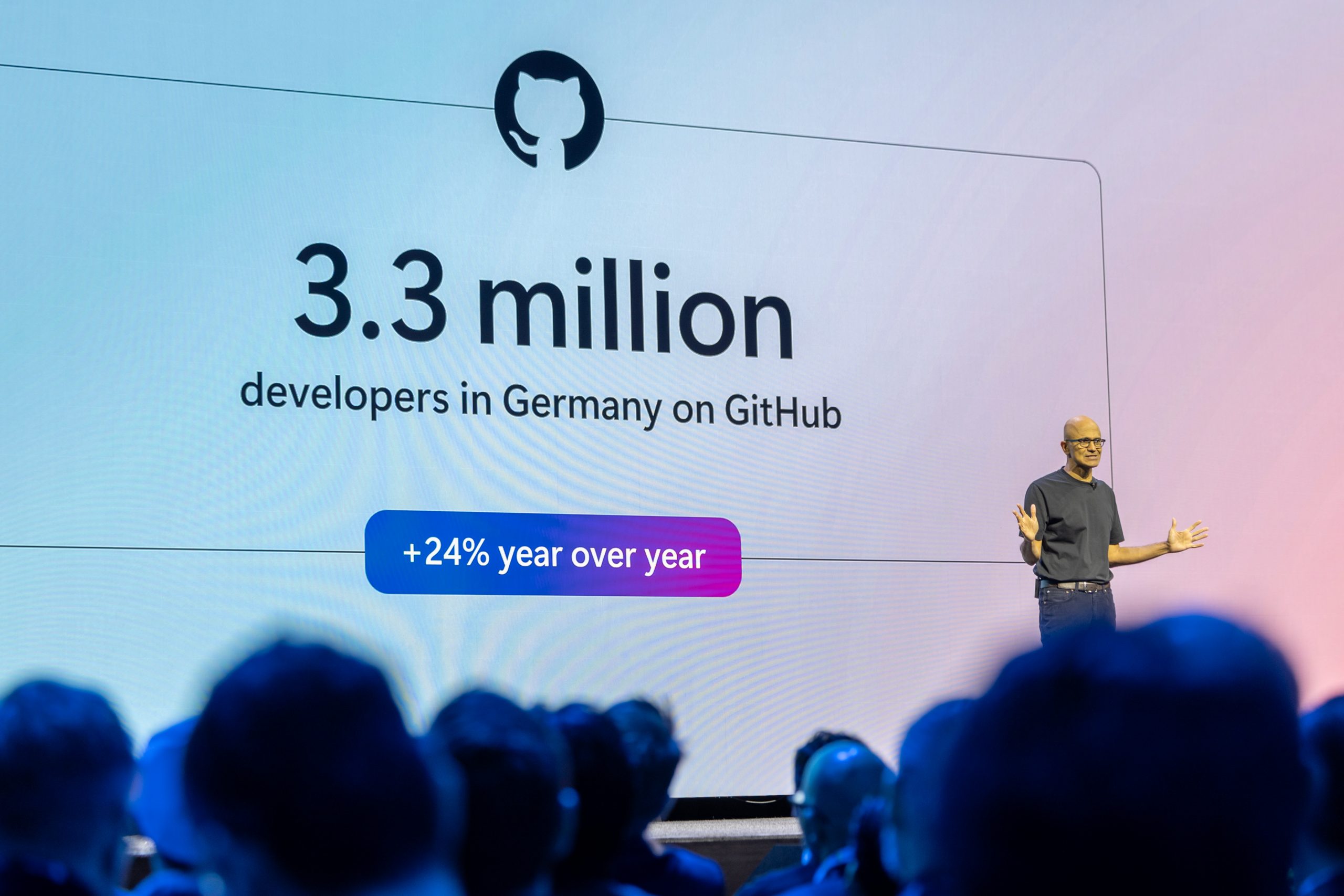 Satya Nadella stands onstage giving a presentation. He is wearing a black top and dark trousers. Behind him is a large screen displaying the words: ‘3.3million developers in Germany on GitHub. +24% year over year’