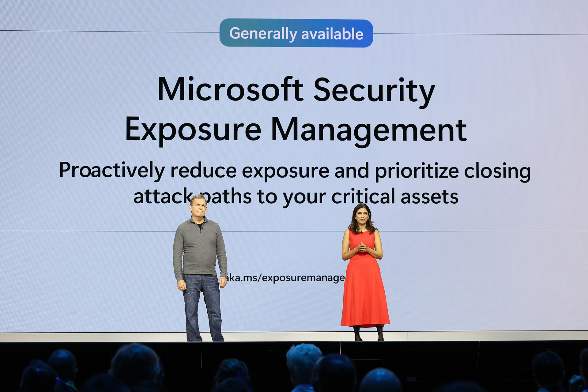 Charlie Bell, executive vice president, Security, and Vasu Jakkal, corporate vice president for Security, Compliance and Identity, speak at Microsoft Ignite 2024.