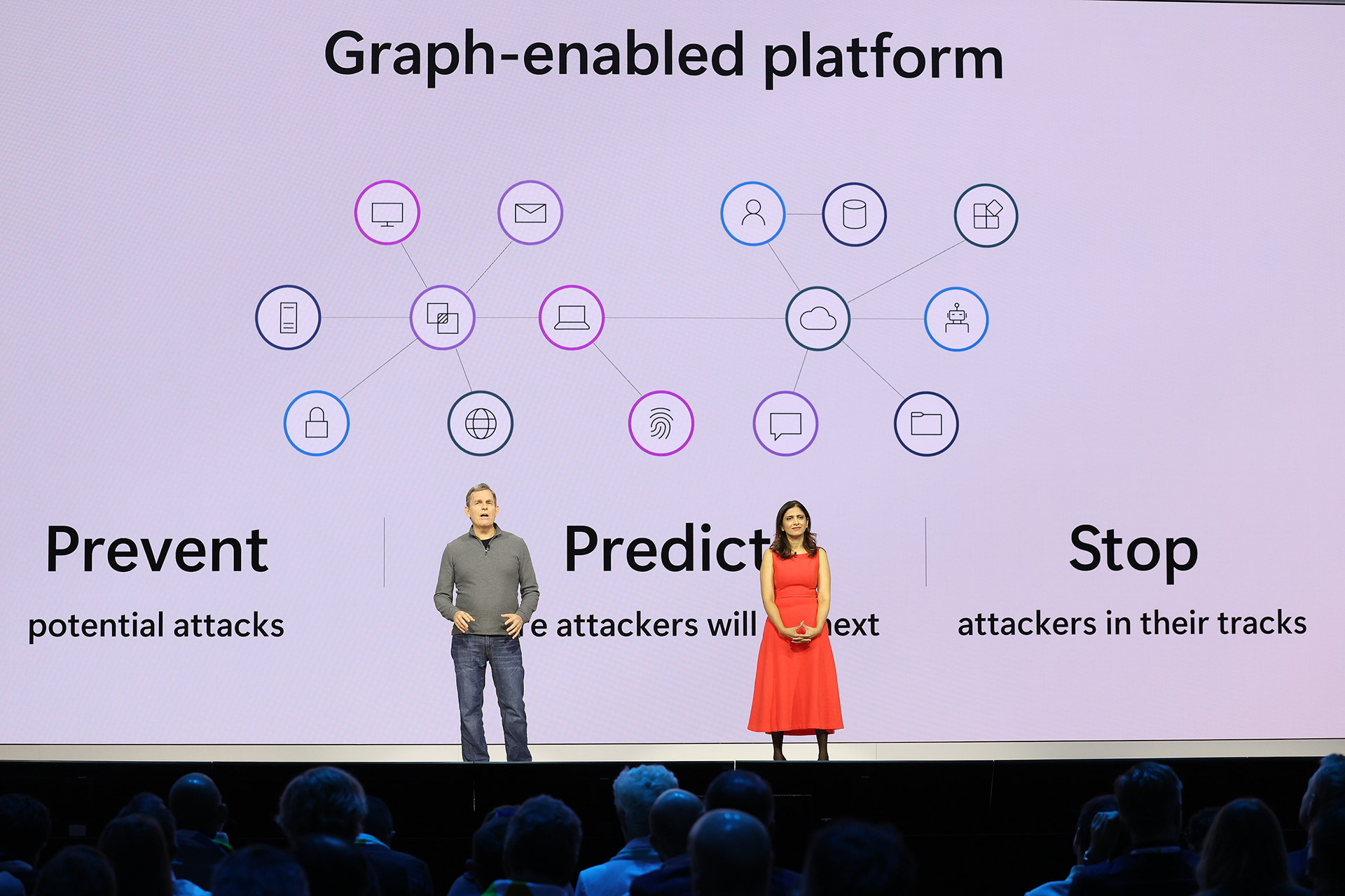 Charlie Bell, executive vice president, Security, and Vasu Jakkal, corporate vice president for Security, Compliance and Identity, speak at Microsoft Ignite 2024.